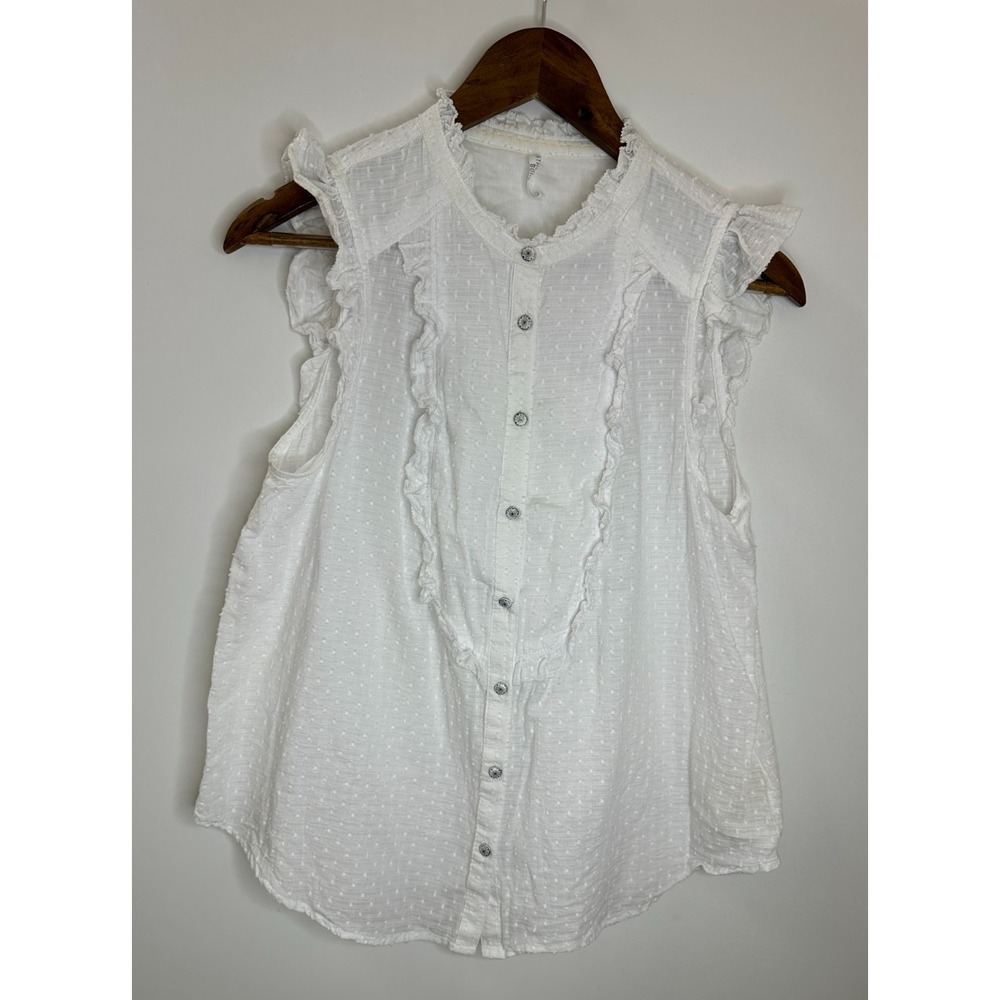 Feather Bone Anthropologie Soneva Swiss Dot Ruffle Top Small Button Sleeveless - Picture 11 of 11